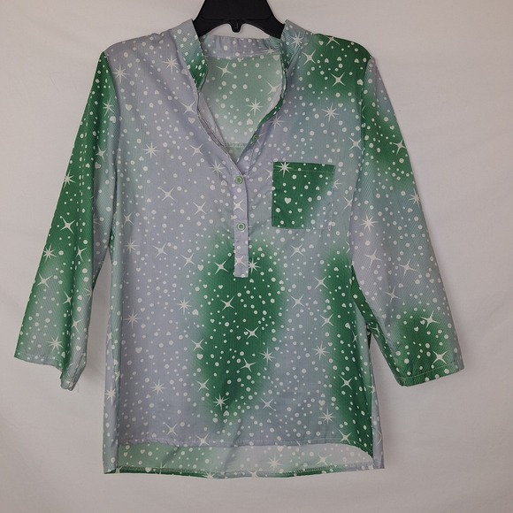 Tops - Whimsigoth Boho Bohemian Fairy Grunge Celestial Star Heart Blouse Green White M